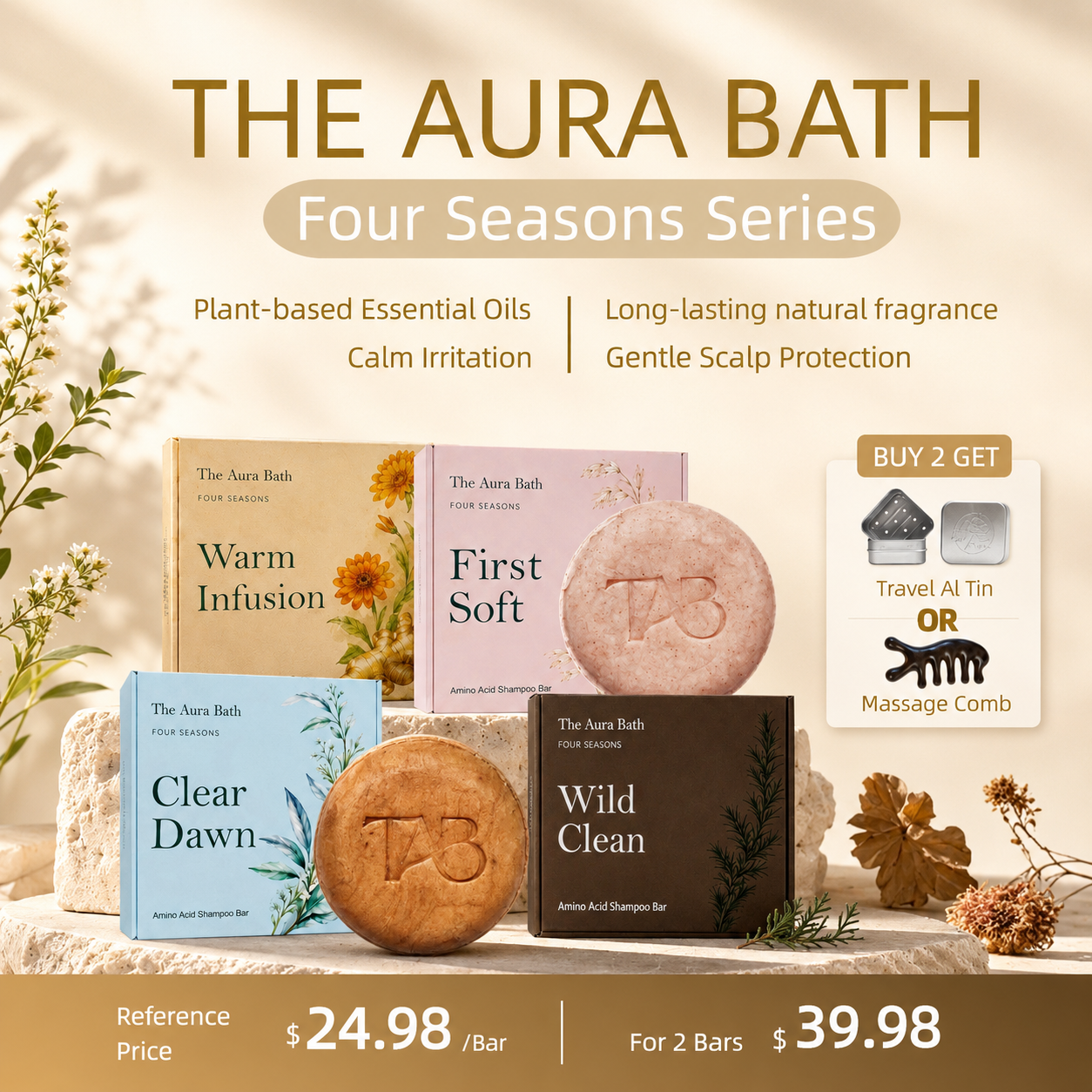 Four Season Series Shampoo Bar – Natural Solid Shampoo for Fine, Limp Hair – Oil-Balancing, Plastic-Free
